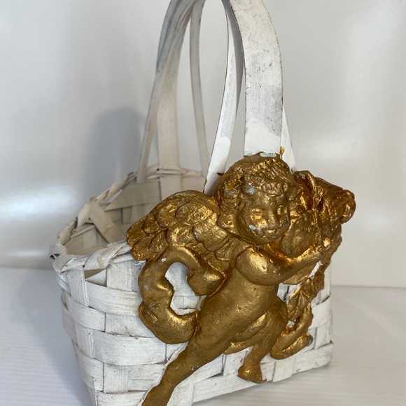 Romantic Angel Cherub Basket Victorian Gold Angels White Handcrafted Basket - Picture 4 of 14